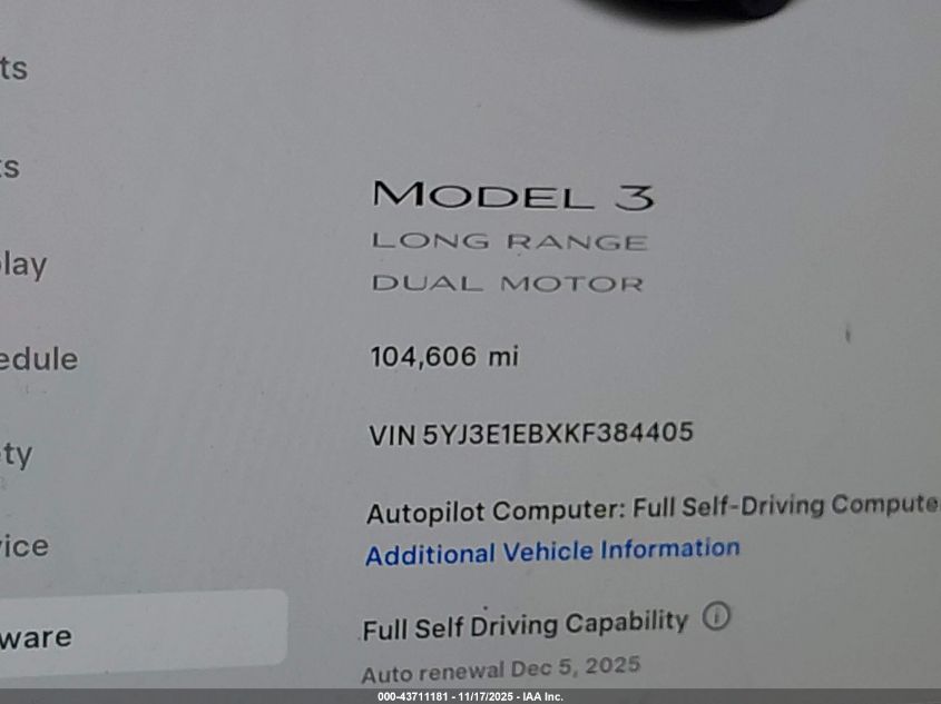 2019 Tesla Model 3 Long Range/Performance VIN: 5YJ3E1EBXKF384405 Lot: 43711181