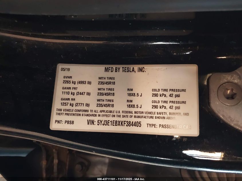 2019 Tesla Model 3 Long Range/Performance VIN: 5YJ3E1EBXKF384405 Lot: 43711181