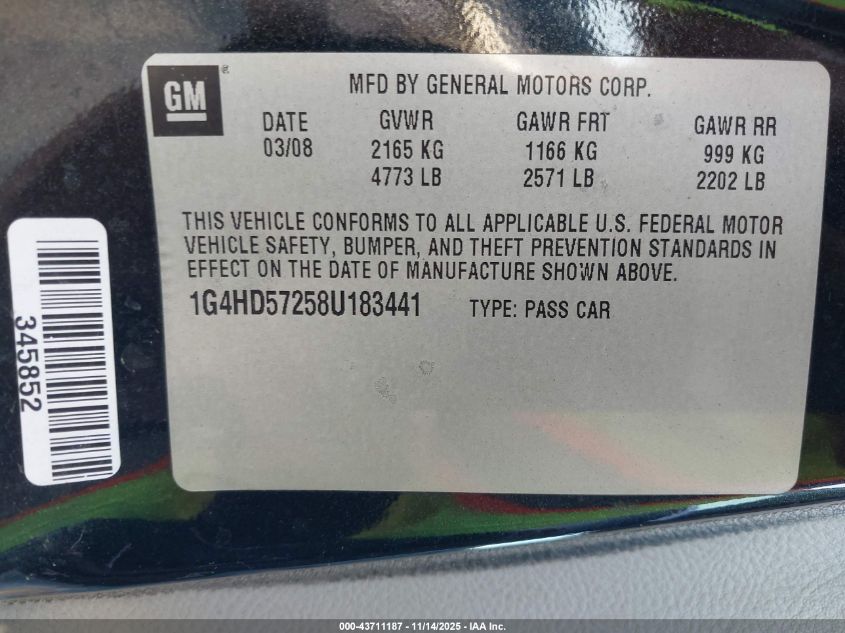 2008 Buick Lucerne Cxl VIN: 1G4HD57258U183441 Lot: 43711187