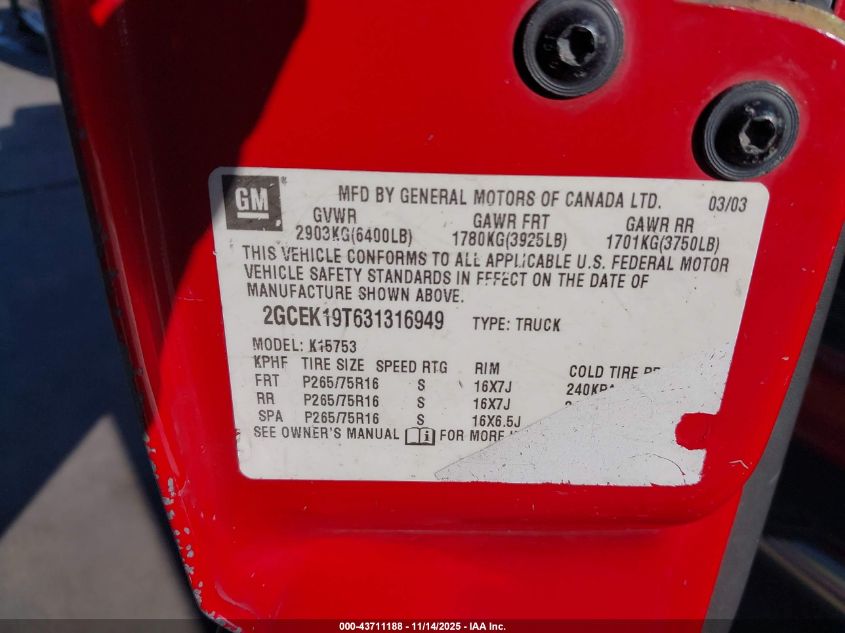 2003 Chevrolet Silverado 1500 Ls VIN: 2GCEK19T631316949 Lot: 43711188