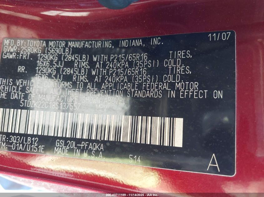 2008 Toyota Sienna Xle VIN: 5TDZK22C18S137557 Lot: 43711189