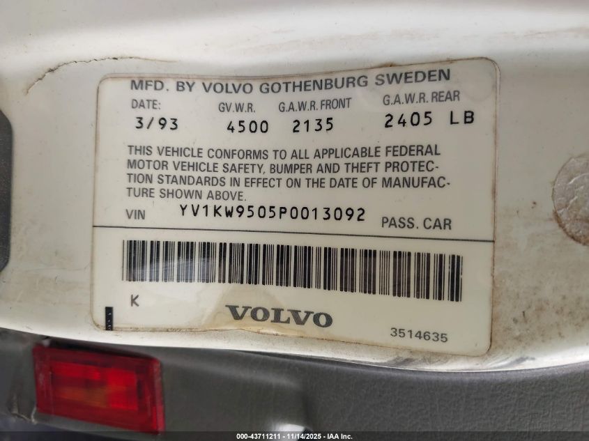 1993 Volvo 960 VIN: YV1KW9505P0013092 Lot: 43711211