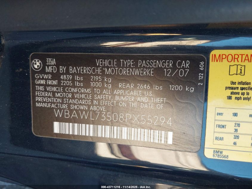 2008 BMW 335I VIN: WBAWL73508PX55294 Lot: 43711216