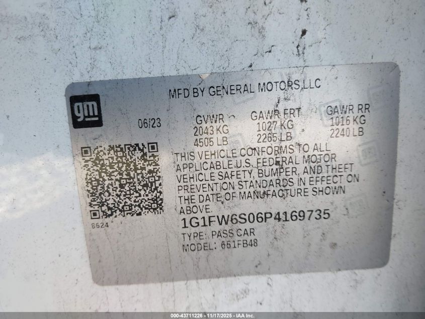 2023 Chevrolet Bolt Ev Fwd 1Lt VIN: 1G1FW6S06P4169735 Lot: 43711226