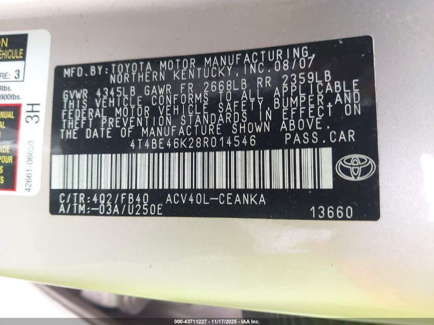 2008 Toyota Camry Le VIN: 4T4BE46K28R014546 Lot: 43711227