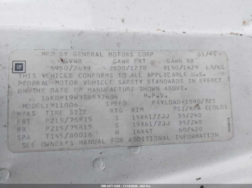1995 GMC Safari Xt VIN: 1GKDM19W3SB537606 Lot: 43711238