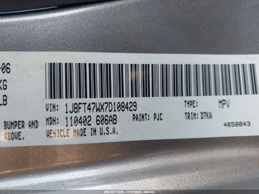 2007 Jeep Compass Sport VIN: 1J8FT47WX7D108429 Lot: 43711239