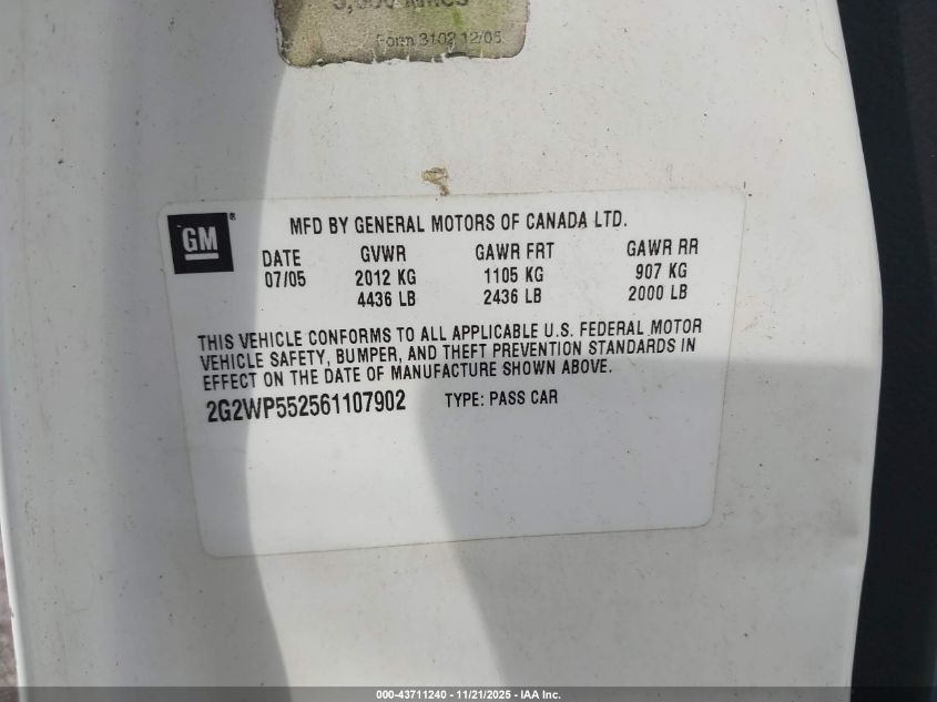 2006 Pontiac Grand Prix VIN: 2G2WP552561107902 Lot: 43711240