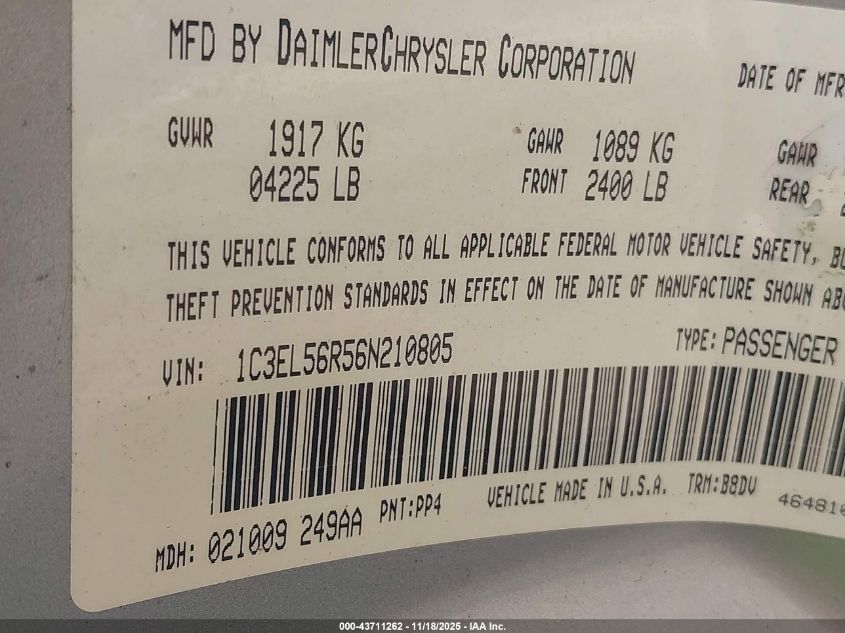 2006 Chrysler Sebring Touring VIN: 1C3EL56R56N210805 Lot: 43711262