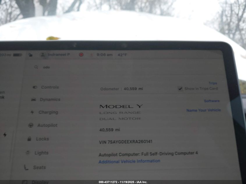 2024 Tesla Model Y Long Range Dual Motor All-Wheel Drive VIN: 7SAYGDEEXRA260141 Lot: 43711272