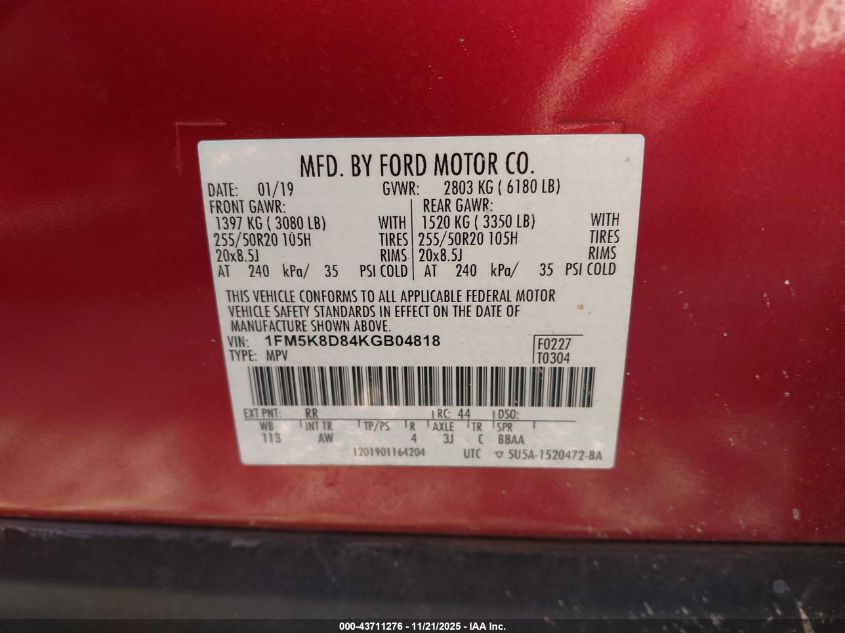 2019 Ford Explorer Xlt VIN: 1FM5K8D84KGB04818 Lot: 43711276