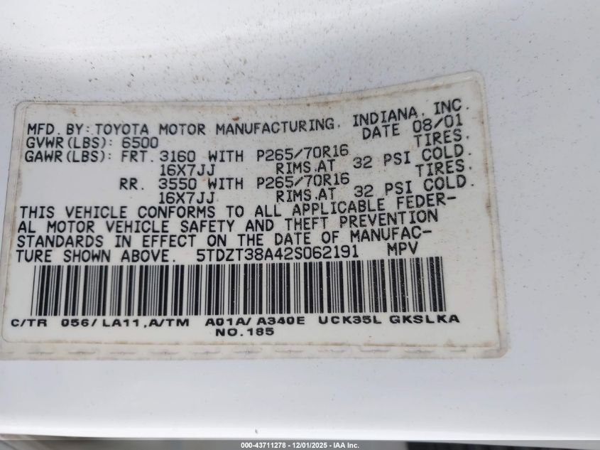 2002 Toyota Sequoia Limited V8 VIN: 5TDZT38A42S062191 Lot: 43711278