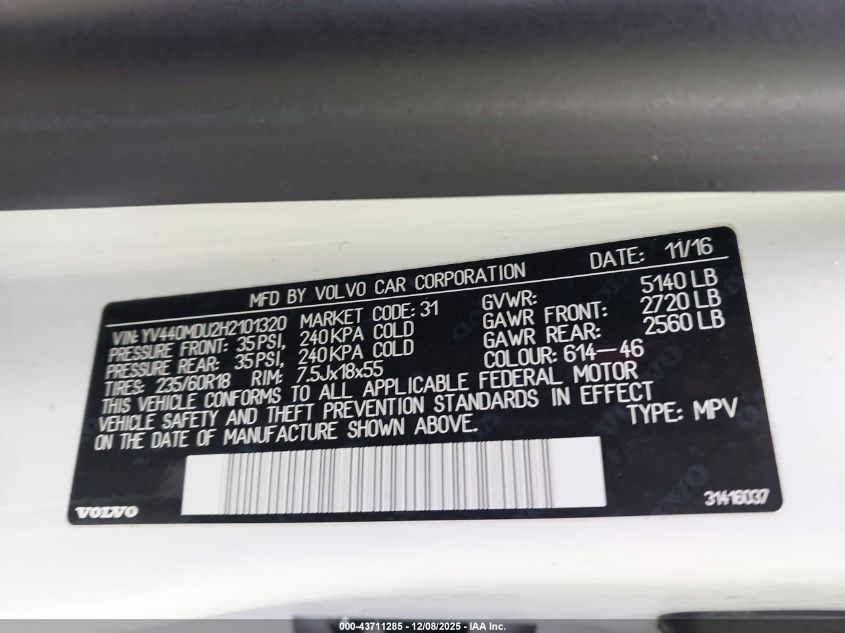 2017 Volvo Xc60 T5 Inscription VIN: YV440MDU2H2101320 Lot: 43711285