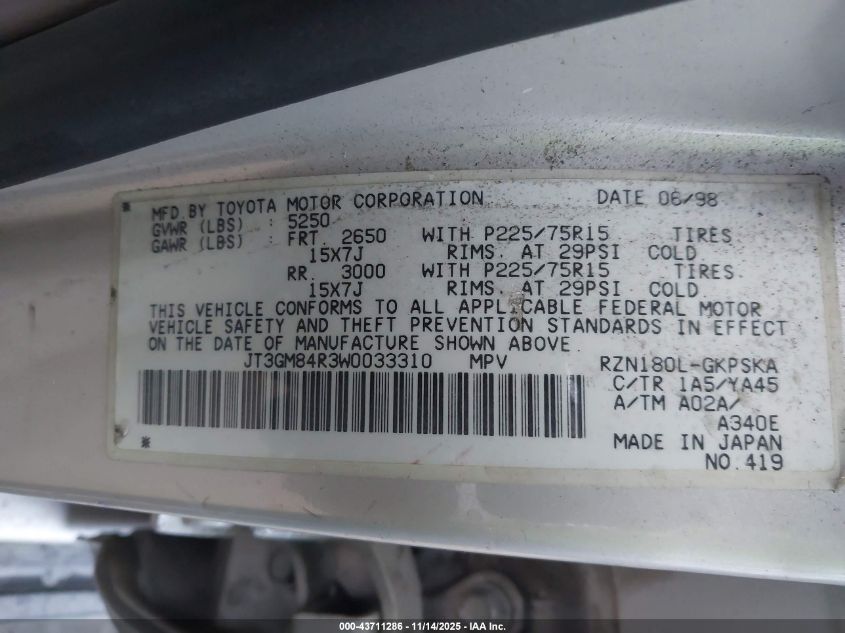 1998 Toyota 4Runner VIN: JT3GM84R3W0033310 Lot: 43711286