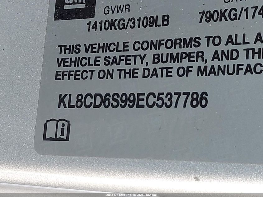 2014 Chevrolet Spark 1Lt Auto VIN: KL8CD6S99EC537786 Lot: 43711291