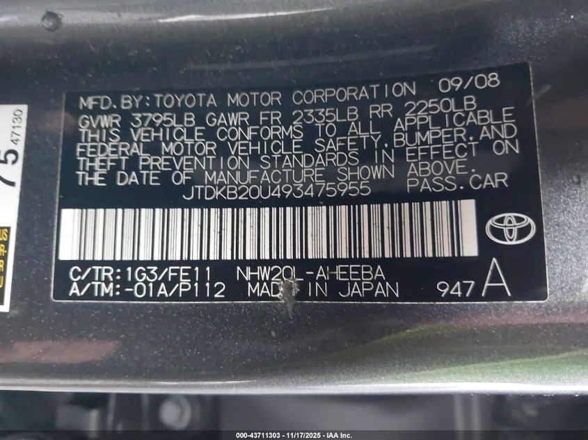 2009 Toyota Prius VIN: JTDKB20U493475955 Lot: 43711303