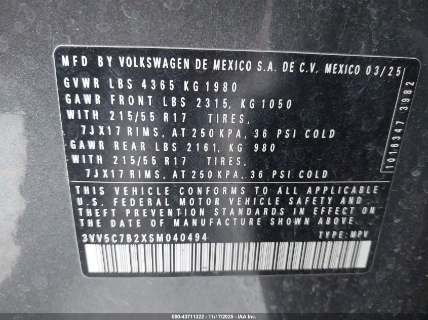 2025 Volkswagen Taos 1.5T S VIN: 3VV5C7B2XSM040494 Lot: 43711322