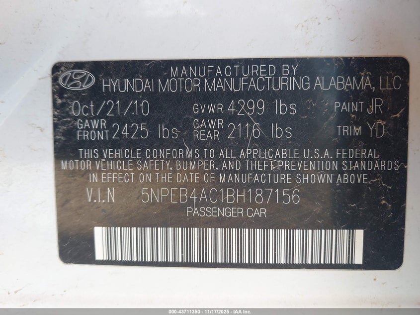 5NPEB4AC1BH187156 2011 HYUNDAI SONATA photo no. 9
