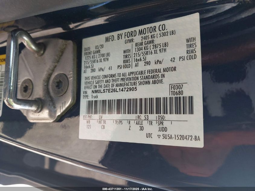 2020 Ford Transit Connect Xl VIN: NM0LS7E26L1472905 Lot: 43711351