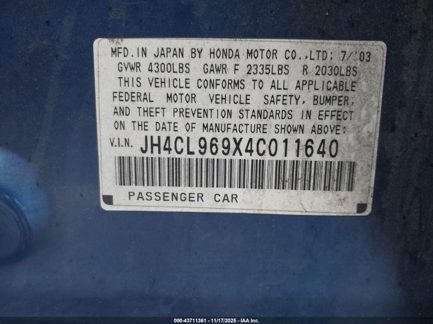2004 Acura Tsx VIN: JH4CL969X4C011640 Lot: 43711361