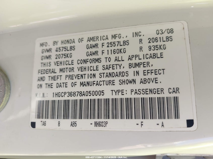 1HGCP36878A050005 2008 HONDA ACCORD photo no. 9