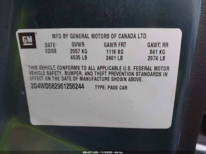 2006 Buick Lacrosse Cxl VIN: 2G4WD582961256244 Lot: 43711388