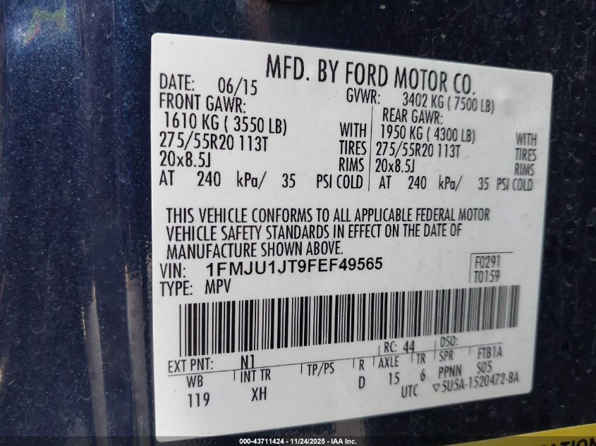 2015 Ford Expedition Xlt VIN: 1FMJU1JT9FEF49565 Lot: 43711424