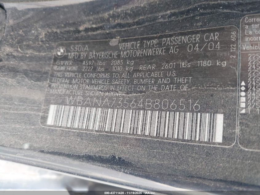 2004 BMW 530I VIN: WBANA73564B806516 Lot: 43711428