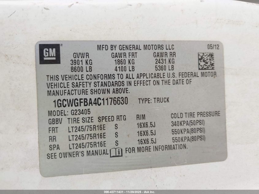 2012 Chevrolet Express 2500 Work Van VIN: 1GCWGFBA4C1176630 Lot: 43711431