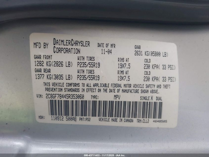 2005 Chrysler Pacifica Limited VIN: 2C8GF78445R353060 Lot: 43711433