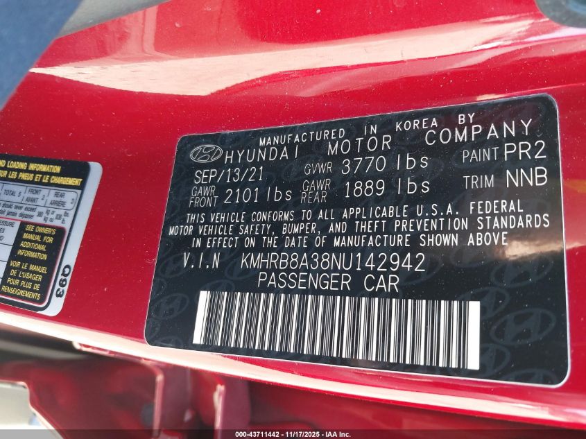 2022 Hyundai Venue Se VIN: KMHRB8A38NU142942 Lot: 43711442