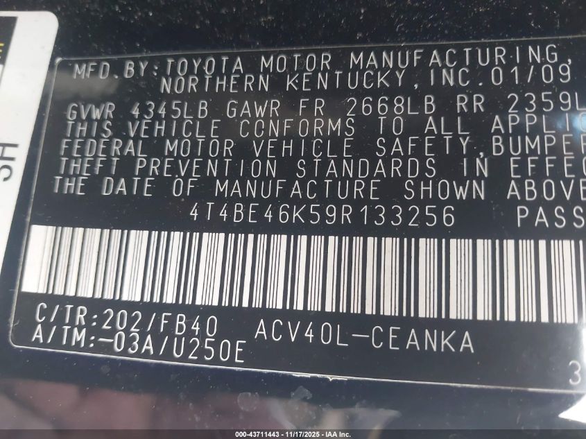 2009 Toyota Camry Le VIN: 4T4BE46K59R133256 Lot: 43711443