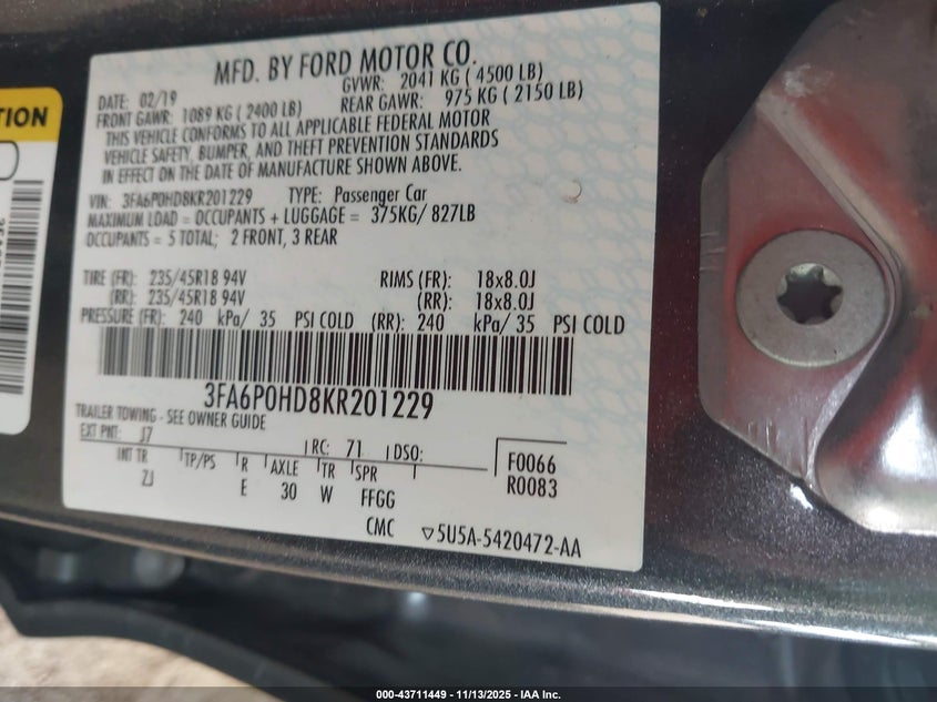 3FA6P0HD8KR201229 2019 FORD FUSION photo no. 9