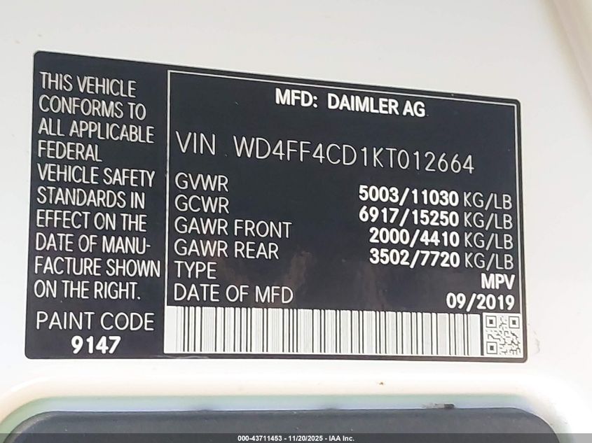 2019 Mercedes-Benz Sprinter 3500Xd High Roof V6 VIN: WD4FF4CD1KT012664 Lot: 43711453
