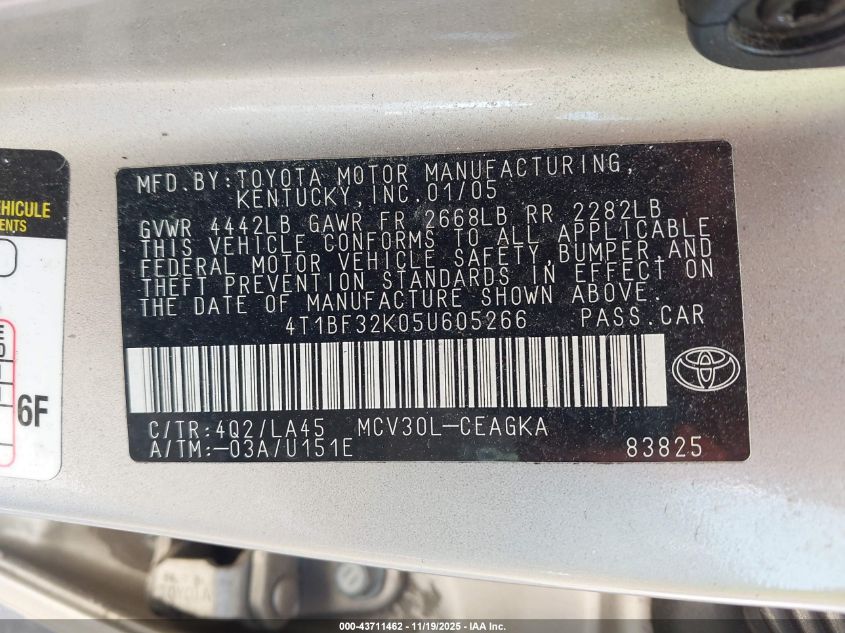 2005 Toyota Camry Xle V6 VIN: 4T1BF32K05U605266 Lot: 43711462