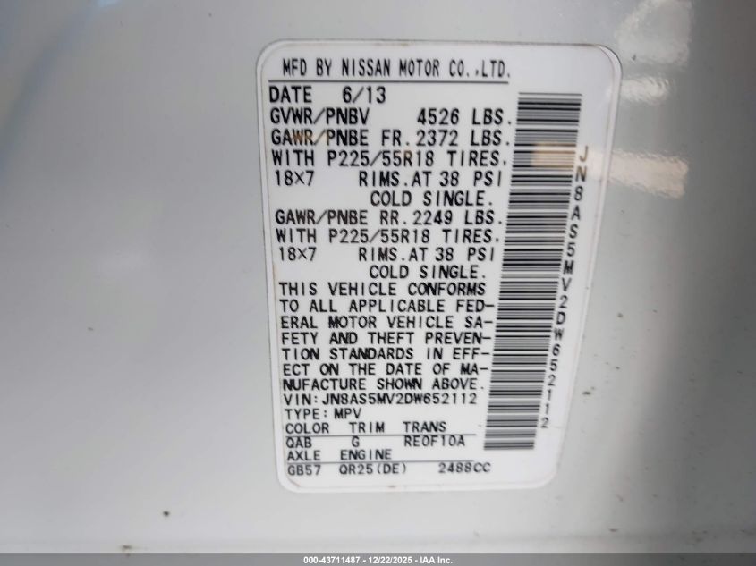 2013 Nissan Rogue Sv W/Sl Pkg VIN: JN8AS5MV2DW652112 Lot: 43711487