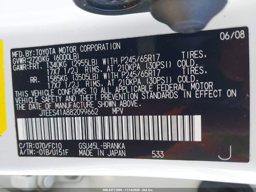 2008 Toyota Highlander VIN: JTEES41A882099662 Lot: 43711500