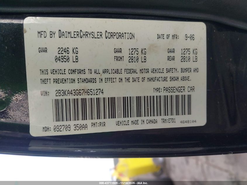 2007 Dodge Charger VIN: 2B3KA43G67H651274 Lot: 43711505