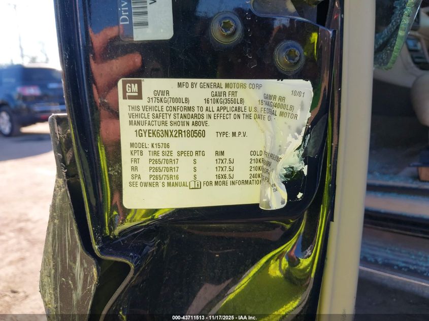 2002 Cadillac Escalade Standard VIN: 1GYEK63NX2R180560 Lot: 43711513