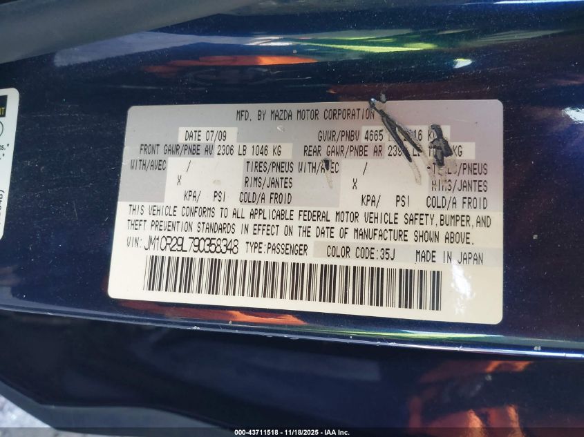 2009 Mazda Mazda5 Sport VIN: JM1CR29L790358348 Lot: 43711518