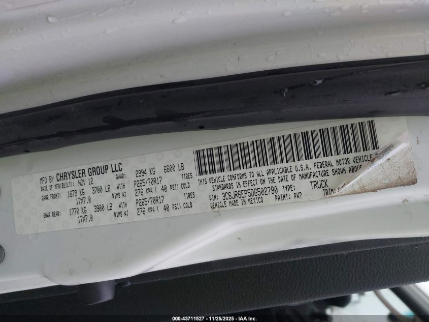 2013 Ram 1500 Slt VIN: 3C6JR6EP5DG502790 Lot: 43711527