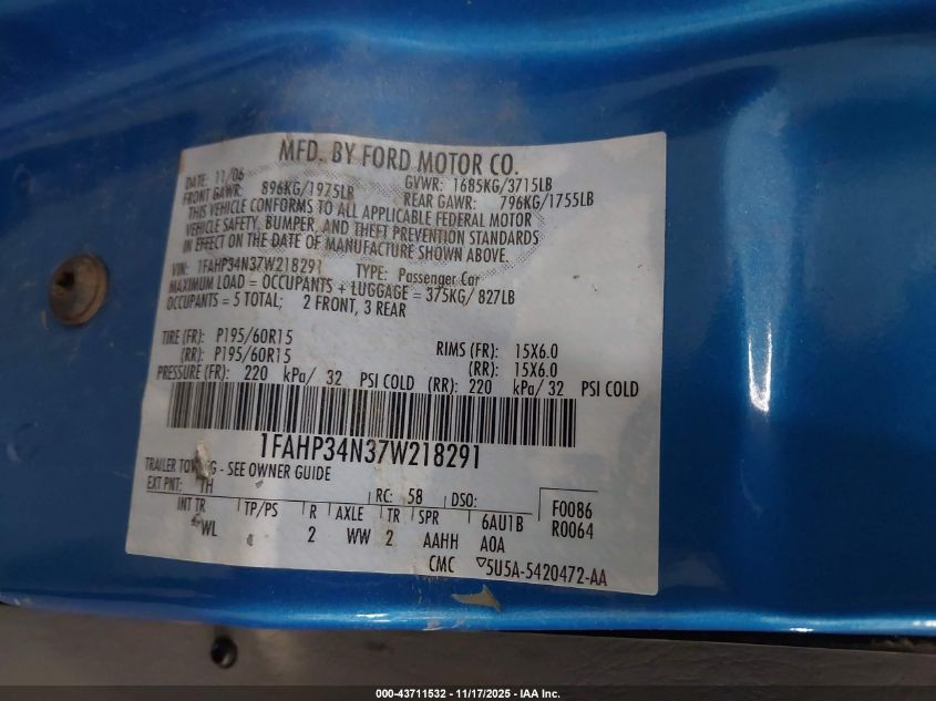 2007 Ford Focus S/Se/Ses VIN: 1FAHP34N37W218291 Lot: 43711532