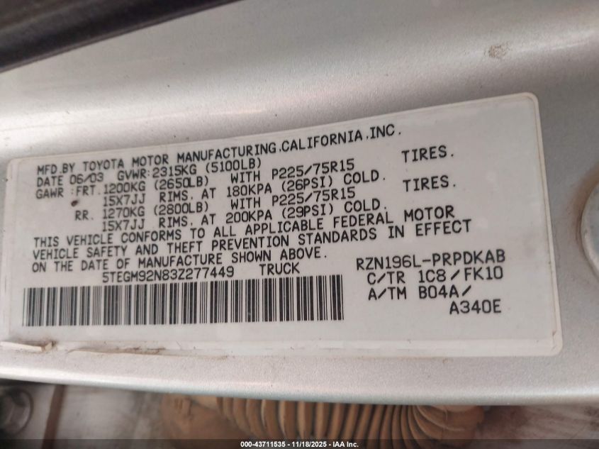 2003 Toyota Tacoma Prerunner VIN: 5TEGM92N83Z277449 Lot: 43711535