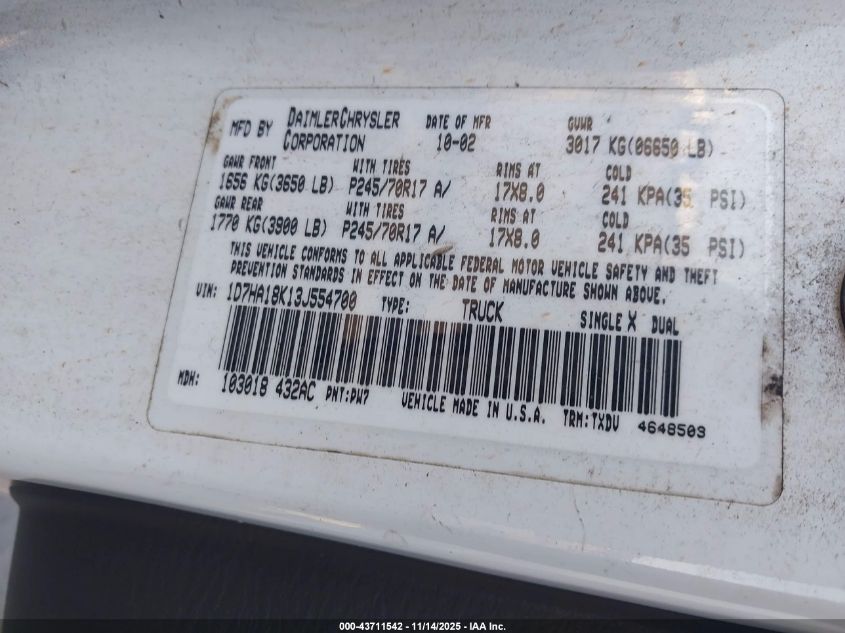 2003 Dodge Ram 1500 St VIN: 1D7HA18K13J554700 Lot: 43711542