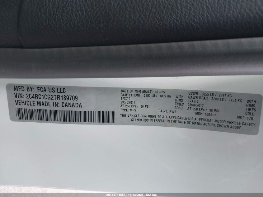 2026 Chrysler Voyager Lx VIN: 2C4RC1CG2TR189709 Lot: 43711557