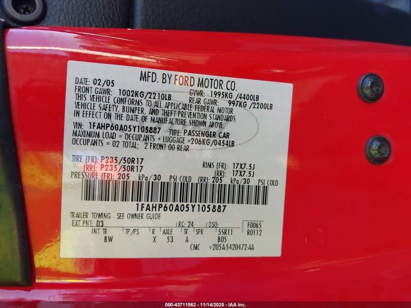2005 Ford Thunderbird 50Th Anniversary VIN: 1FAHP60A05Y105887 Lot: 43711562