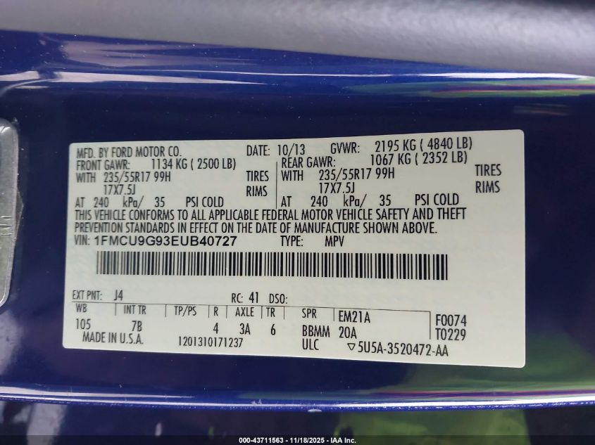 2014 Ford Escape Se VIN: 1FMCU9G93EUB40727 Lot: 43711563