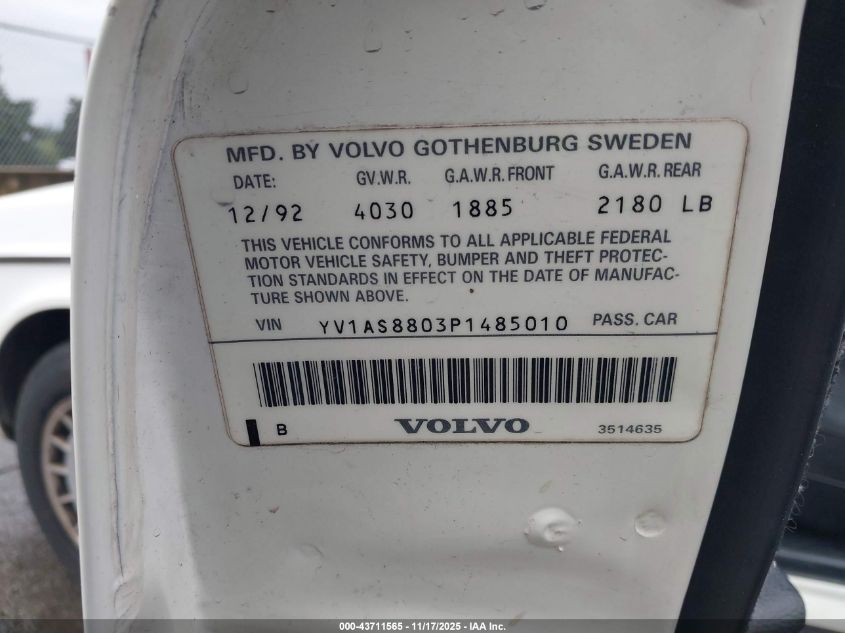1993 Volvo 240 VIN: YV1AS8803P1485010 Lot: 43711565