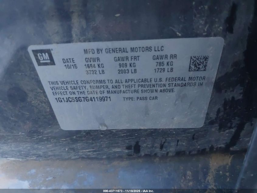 2016 Chevrolet Sonic Lt Auto VIN: 1G1JC5SG7G4119971 Lot: 43711573