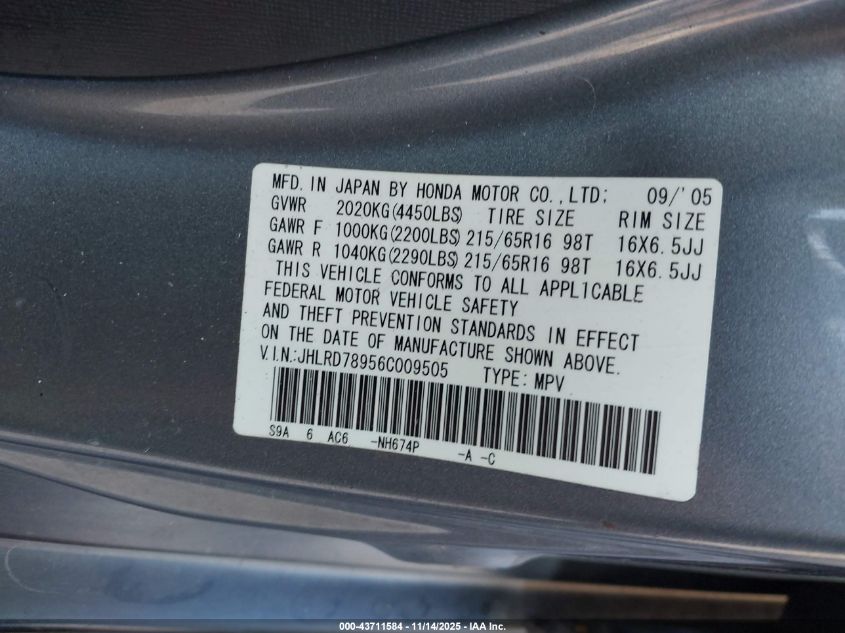 2006 Honda Cr-V Se VIN: JHLRD78956C009505 Lot: 43711584